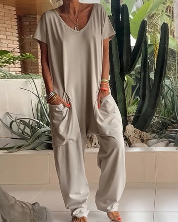 V Neck High Stretch Tapered Leg Casual Jumpsuit With Pockets